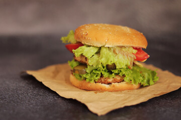 Double cheeseburger on a gray background. Juicy tasty burger close-up, side view. Fast food