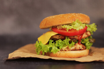 Double cheeseburger on a gray background. Juicy tasty burger close-up, side view. Fast food