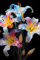 pastel color lily flowers, black outline, gray background with yellow red and blue splashes, striped twisted painting, side view, impressionist style created with Generative Ai