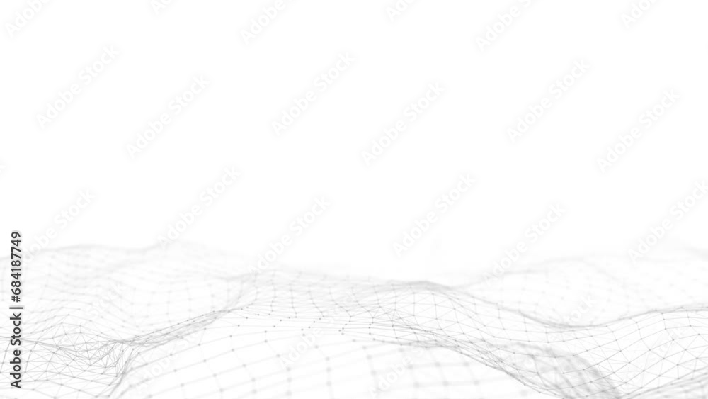 Poster Digital technology white wave. Light cyberspace with motion dots and lines. Futuristic digital background artificial intelligence. Big data analytics. 3d rendering.
