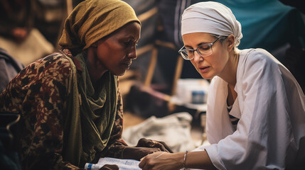 Fototapeta na wymiar Volunteer doctors provide medical care to refugee elderly people on the hot streets of the refugee camp