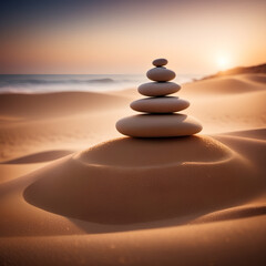 Balanced stones on a beach in sunset light, meditation or spa concept. AI generated image.