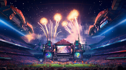 stadium displaying a e-sports tournament, gigantic screen, roaring crowd