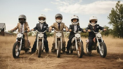 Children wearing suits on motorbikes