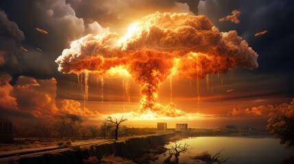 Illustration of a nuclear explosion with mushroom clouds, world war doomsday.