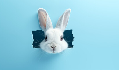 White rabbit on blue background, Fluffy Bunny Peeking from hole, Blue Wall. Easter Banner Design, Cute Easter Bunny Emerging from the Wall. Copy space on the left.