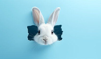 Obraz premium White rabbit on blue background, Fluffy Bunny Peeking from hole, Blue Wall. Easter Banner Design, Cute Easter Bunny Emerging from the Wall. Copy space on the left.
