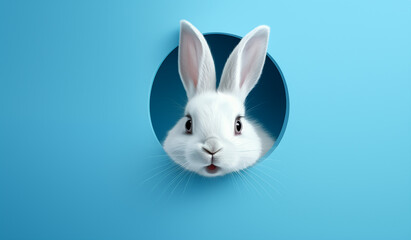 Obraz premium White rabbit on blue background, Fluffy Bunny Peeking from the hole, Blue Wall. Easter Banner Design, Cute Easter Bunny Emerging from the Wall.