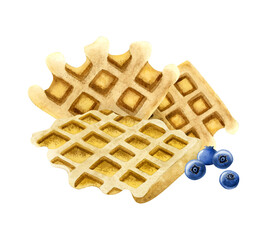 Belgian waffles with blueberry watercolor illustration isolated on white background for dessert , cafe and bakery designs