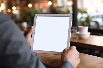 Cropped shot of man using portable tablet at cafe. Man Using Tablet Computer Indoor and Drinking Tea