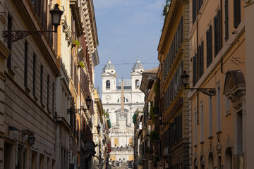 ROME, ITALY - February 22: View on the Trinita dei Monti Church and Piazza di Spagna in Rome