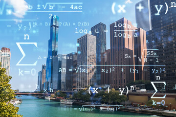 Panorama cityscape of Chicago downtown and Riverwalk, boardwalk with bridges at day time, Chicago,...