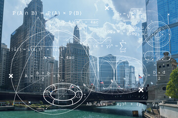 Panorama cityscape of Chicago downtown and Riverwalk, boardwalk with bridges at day time, Chicago,...