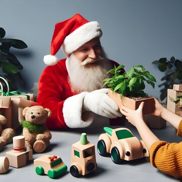 Santa Claus offering green and environmental gifts to a kid : tree, wooden trucks