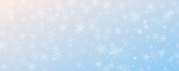 Christmas snowy background. Cold blue winter sky. Vector ice blizzard on gradient texture with flakes. Festive new year theme for season sale wallpaper.