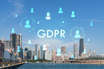 City view of Downtown skyscrapers of Chicago skyline panorama over Lake Michigan, harbor area, day time, Illinois, USA. GDPR hologram, concept of data protection regulation and privacy for individuals