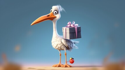 Cute cartoon stork in a red party hat carrying blue gift box cartoon vector Illustration