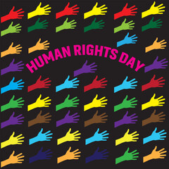 Obraz na płótnie Canvas Human right day concept. International peace. raised on banner with confetti. Equality awareness icon. Freedom symbol. Cartoon flat on black background.Vector illustration.