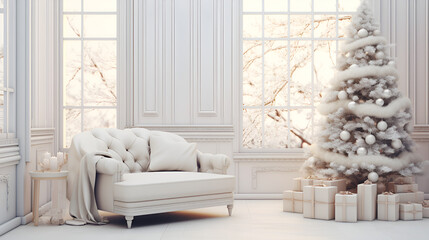 Embrace the warmth of the season in this simple Christmas living room. A cozy armchair and a small tree create an intimate holiday setting,Friendly interior style. living room. Wall mockup. Wall art. 