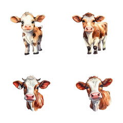 set of cute cow watercolor illustrations for printing on baby clothes, sticker, postcards, baby showers, games and books, safari jungle animals vector