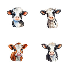 set of cute cow watercolor illustrations for printing on baby clothes, sticker, postcards, baby showers, games and books, safari jungle animals vector