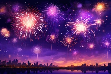 Fototapeta na wymiar Festive Gold and Violet Fireworks Celebration