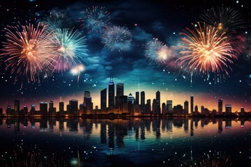 Fototapeta na wymiar Firework and City Skyline on New Year