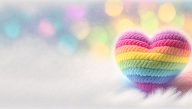 Heart ornament of wool in rainbow coloured stripes on fluffy white surface with blurred background with sparkling pastel coloured lights