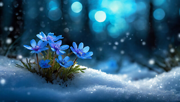 Mysterious snowy dark forest landscape with close-up of blue flowers sticking out of the snow with blurred dark background with sparkling lights 