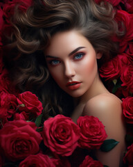 Portrait of beautiful woman amongst red rose flowers