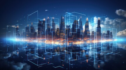 Naklejka premium Illustrate the abstract resilience in IT City landscapes, portraying the adaptive and responsive features that safeguard against disruptions