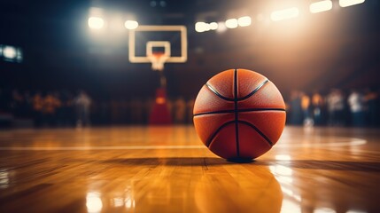 a basketball on the court in a large arena