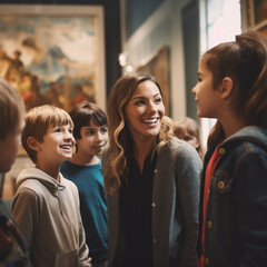 Teacher with students in the museum. - obrazy, fototapety, plakaty