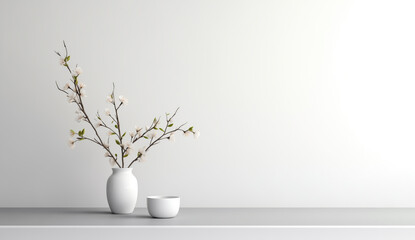 MInimalist interior design. Beautiful decorative flower plant in a vase. Copy space background - obrazy, fototapety, plakaty