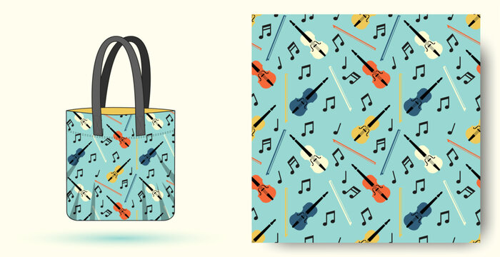 Musical pattern with violins for printing on bags, clothing, notepads, wrapping paper and other uses. Bag mockup with images of a classical instrument and sheet music. Vector illustration.