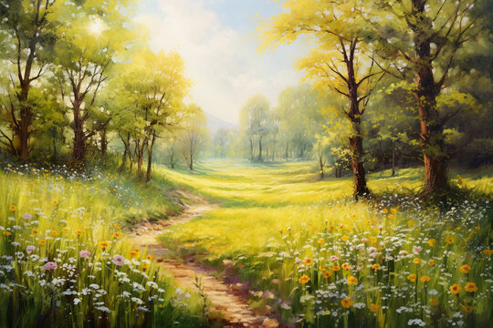 a sunlit meadow, oil painting