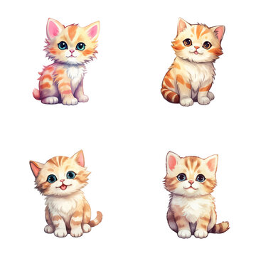 set of cute cat watercolor illustrations for printing on baby clothes, sticker, postcards, baby showers, games and books, safari jungle animals vector