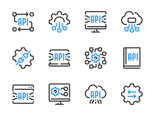 API, Software development and Data integration vector line icons. Application Programming Interface outline icon set.