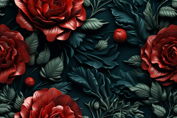 beautiful 3d peonies floral seamless patter, dark green and bright red colors