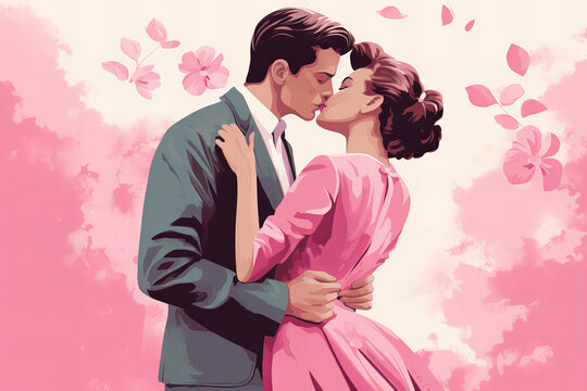 50s style retro poster with a kissing couple in pink pastel colors for Valentine's Day