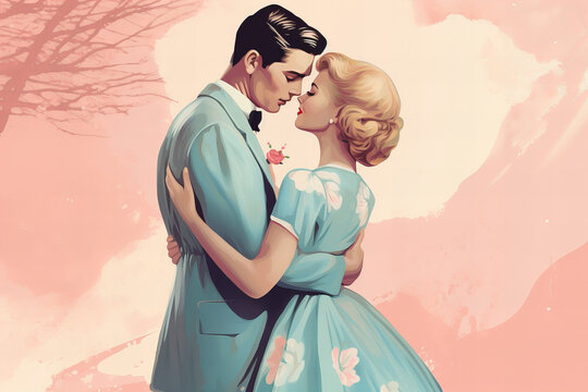 50s style retro poster with a kissing couple in pink pastel colors for Valentine's Day
