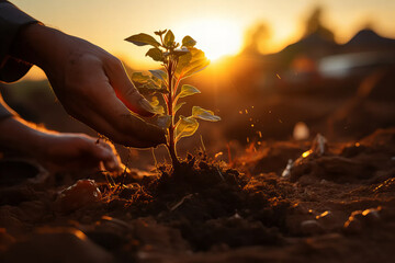 Fototapeta premium Hands nurturing a young plant in fertile soil, symbolizing care and growth