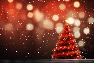 Fototapeta na wymiar Traditional Christmas Tree with Red Bokeh Background