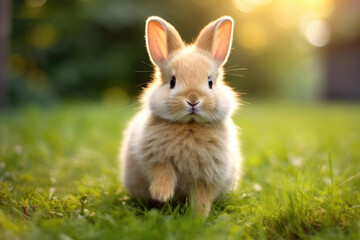 Fototapeta premium Cute fluffy little rabbit on a meadow grass field in the morning, happy bunny running in green garden with sunlight background, symbol of Easter festival day.