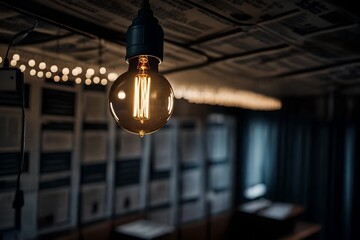 dim light bulb in the ceiling design of newspaper with dark backdrop