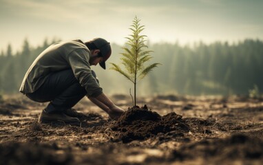 Man Planting Tree in Deforested Area: Restoration and Conservation - obrazy, fototapety, plakaty