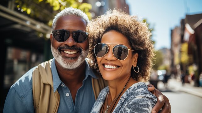 Portrait of happy elderly tourist couple posing for photo outdoors in city. Smiling senior people traveling together on vacation. Man and woman affectionately hugging enjoying a weekend getaway.