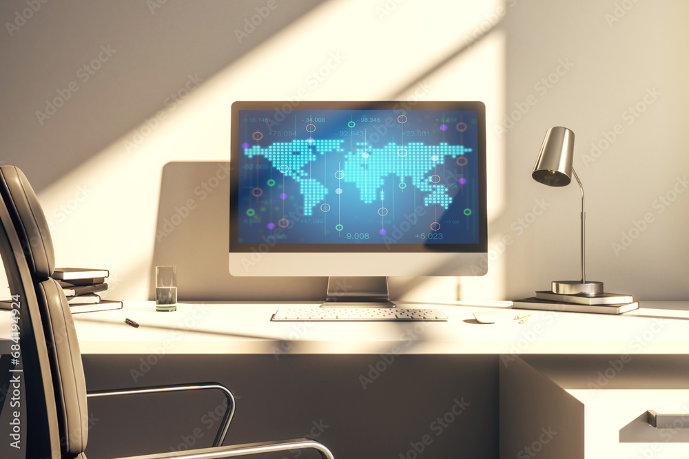 Leinwandbilder modern computer monitor with abstract digital world map, research and strategy concept. 3d rendering
