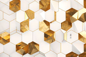 Opulent Geometric Mosaic, Shiny golden triangles in white honeycomb, High-End Product Background Concept Art, Generative AI.