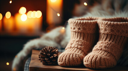 Christmas wool socks on New Year's background with space for text